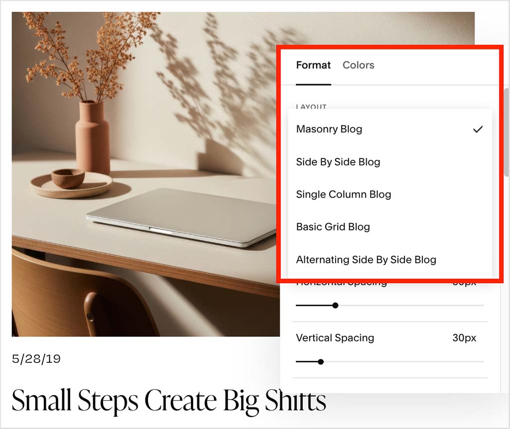 Formatting options in a Squarespace blog.