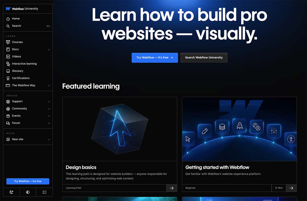 'Webflow University' courses