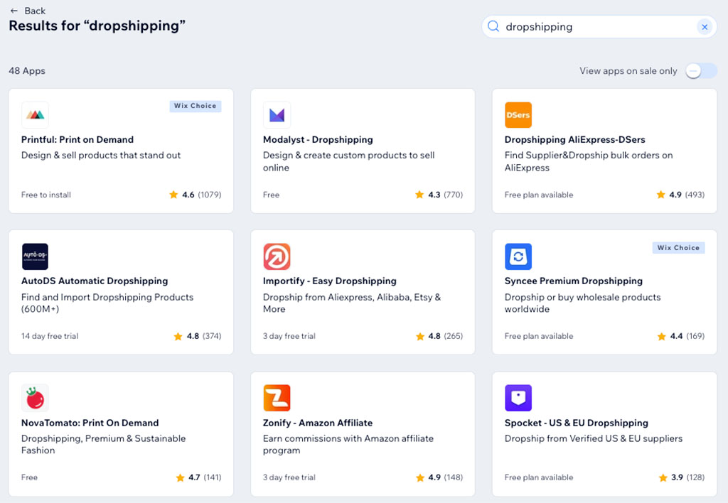 Some of the dropshipping apps and integrations available for Wix