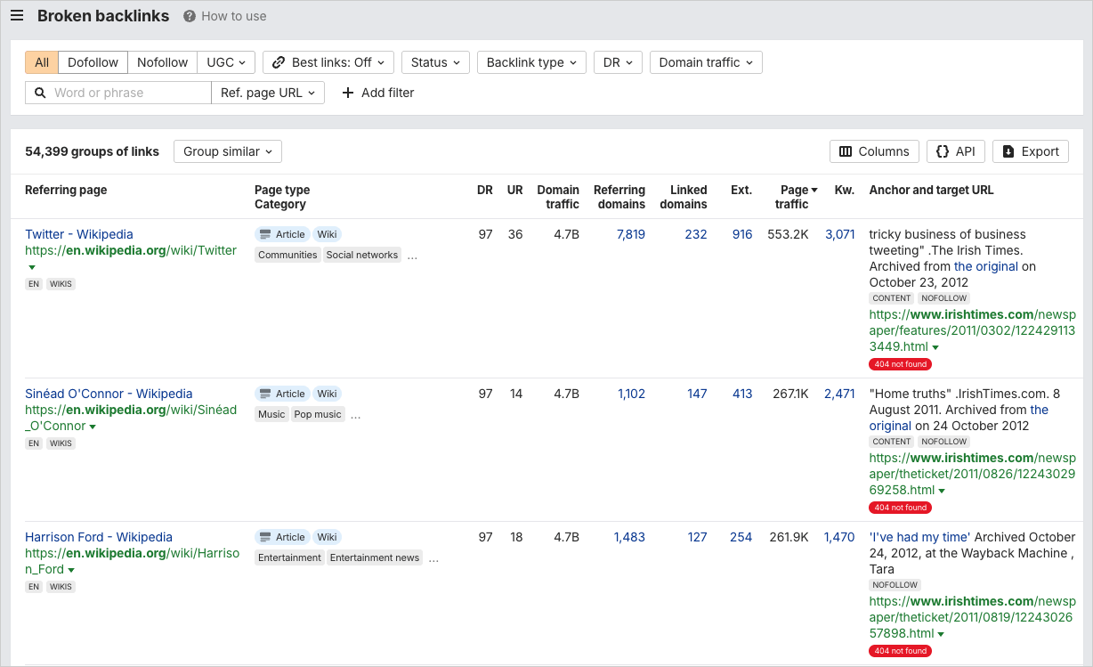Finding broken backlinks in Ahrefs