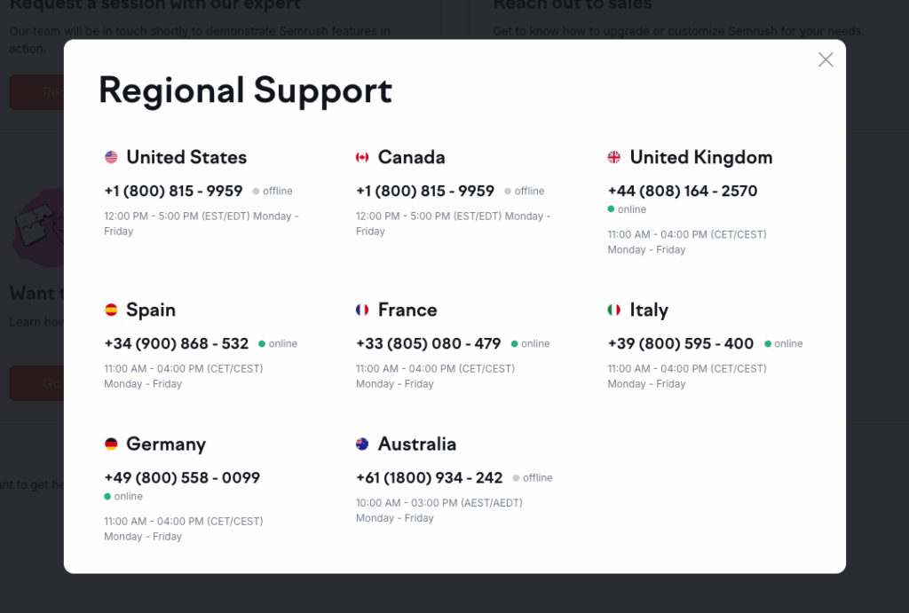 Phone numbers for Semrush customer support