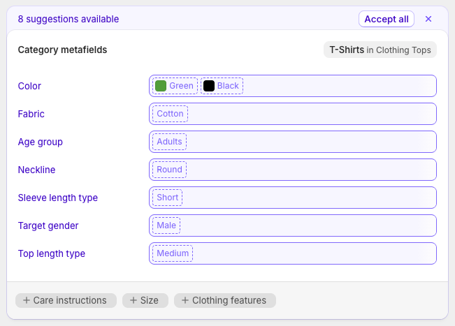 Metafield / variant suggestions from Shopify