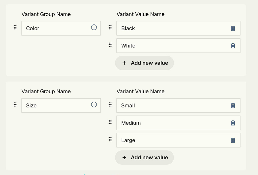 Product variant groups in Big Cartel.