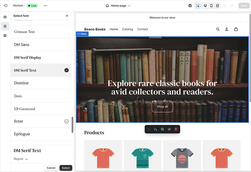 Designing a book store with Shopify's store editor.