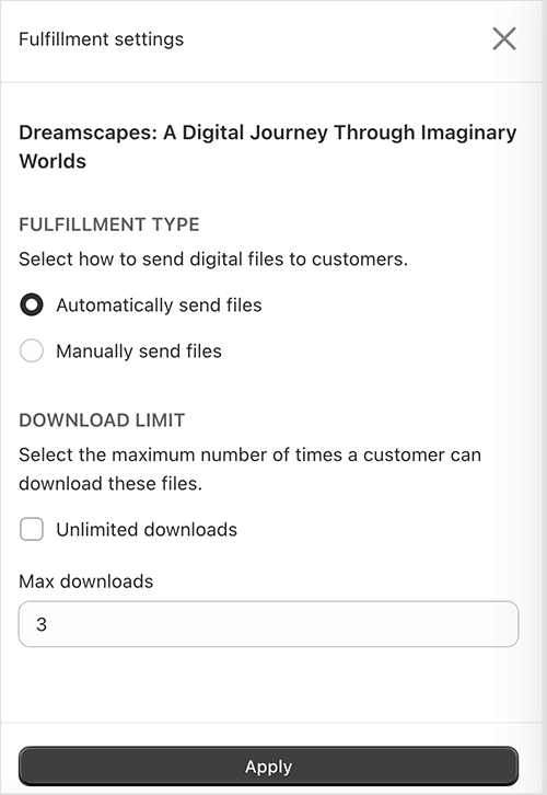 Completing fulfillment settings for a digital download book