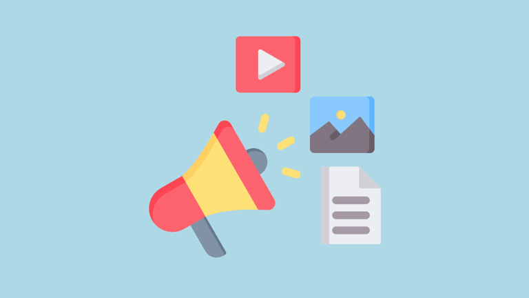 'How to do content marketing' — an illustration of content marketing with megaphone, video, image, and text icons.
