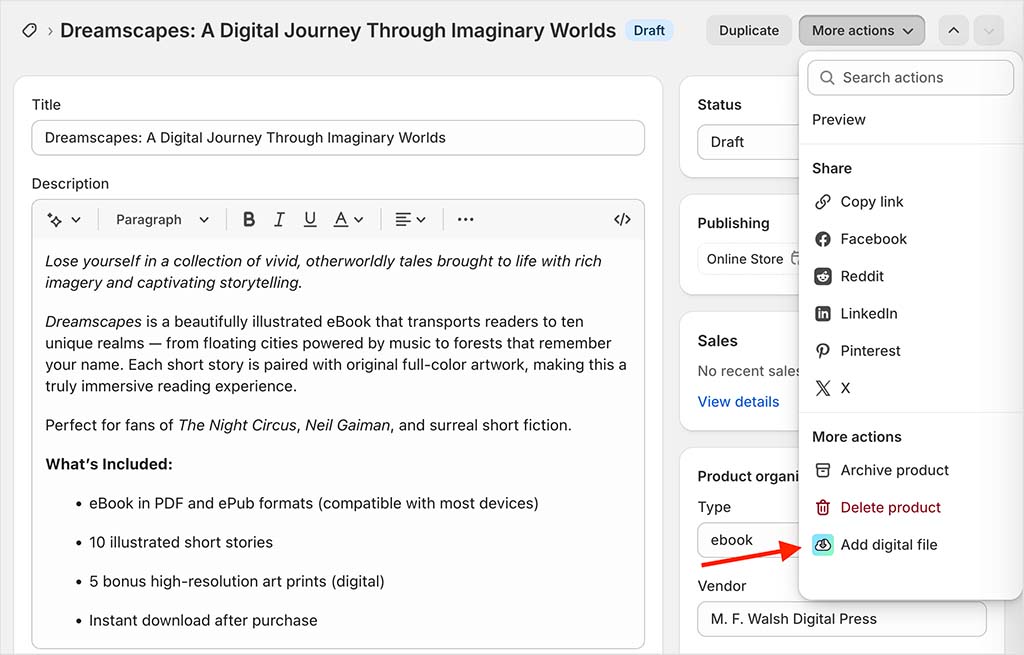 Selecting the 'Add digital file' option in the 'More actions' menu
