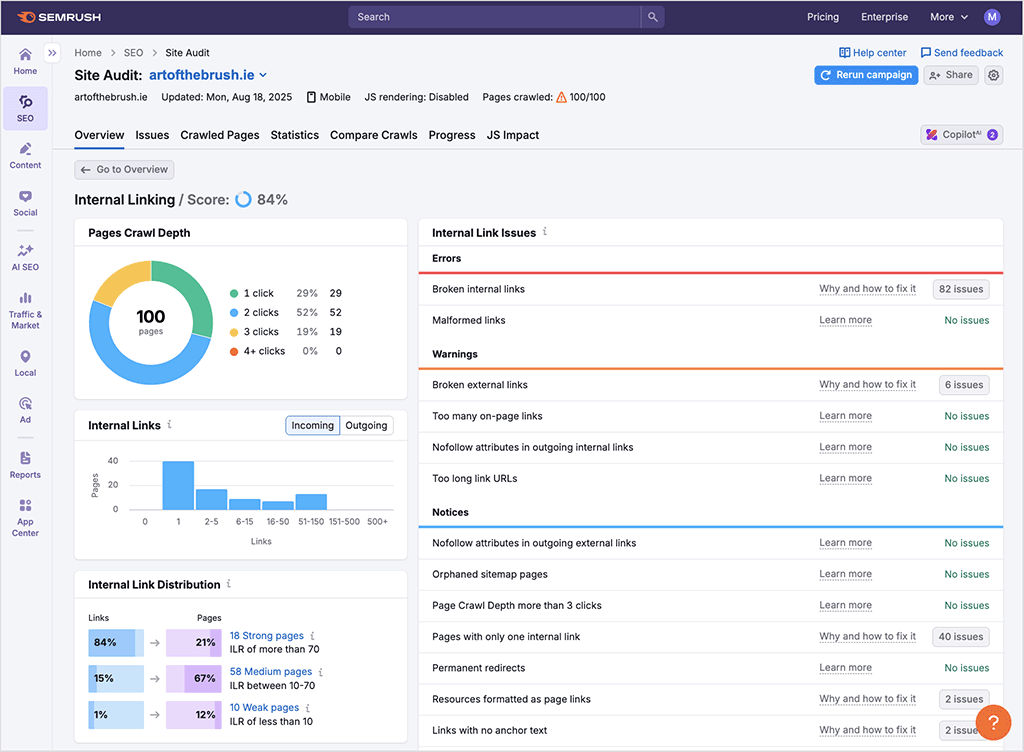 An example of Semrush’s Internal Linking report — showing site crawl depth, internal link distribution, and issues like broken or malformed links, so you can quickly spot and fix problems with your site’s internal linking structure.