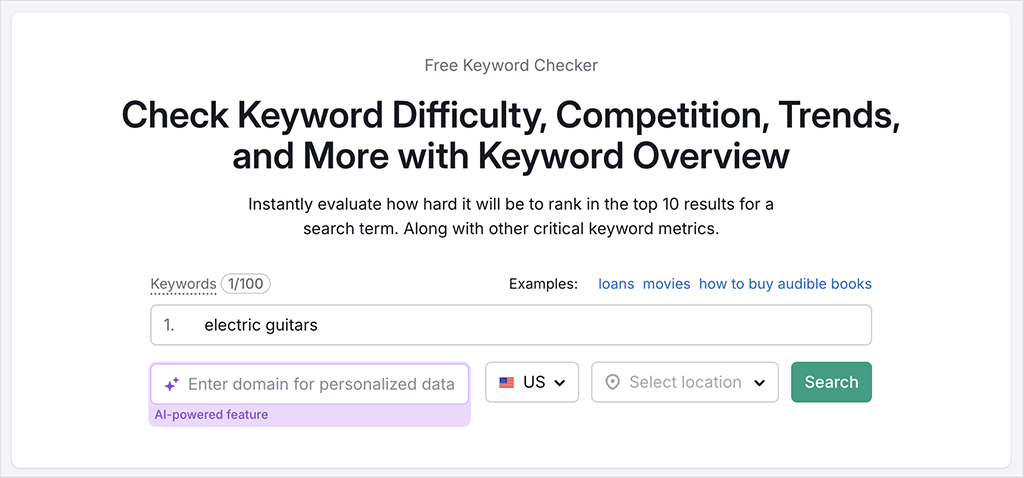 Adding a phrase into Semrush's Keyword Overview tool