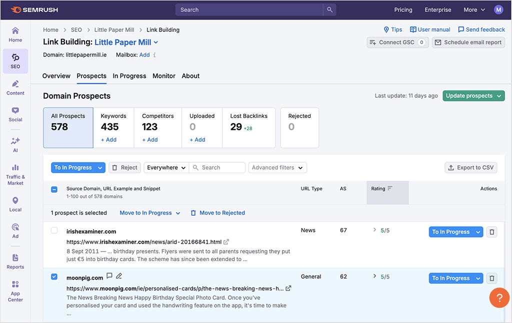 Link building in Semrush