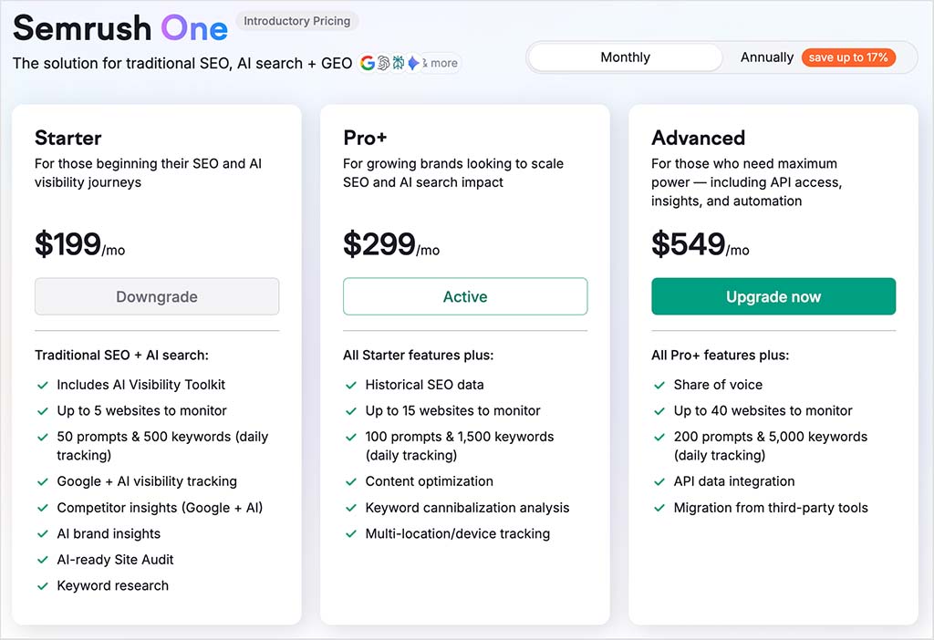 Semrush One pricing plans