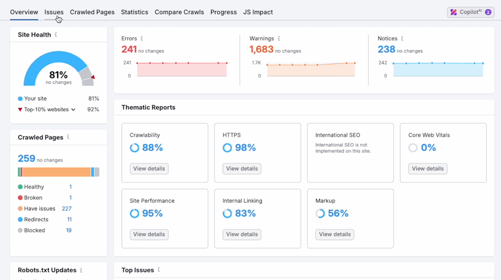 Semrush's site audit feature