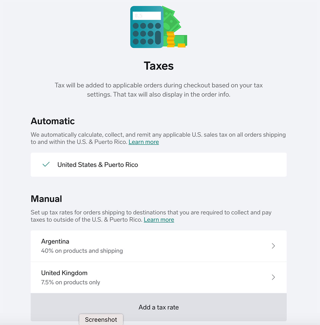 Enabling tax collection in Big Cartel