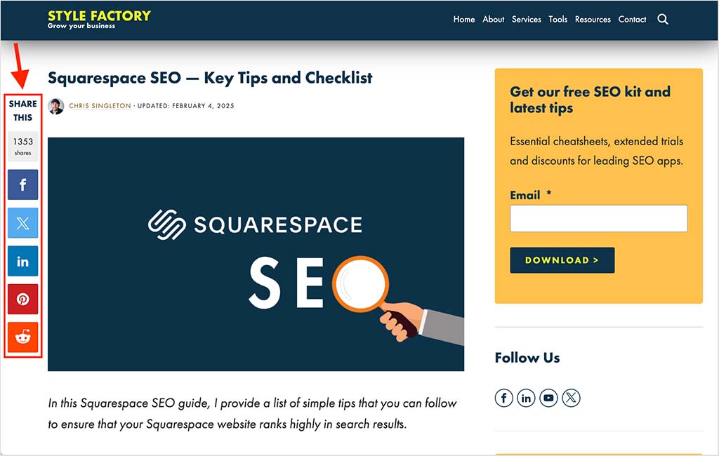 Social share buttons on a Style Factory blog post