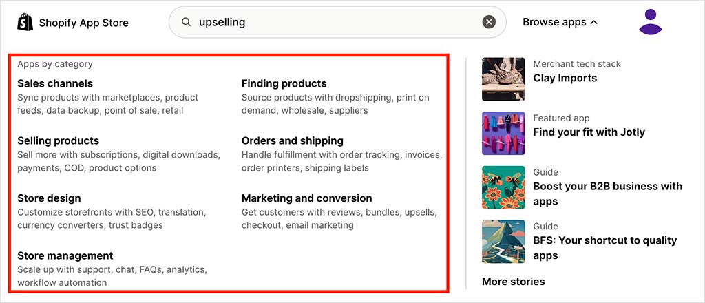 Using search features in the Shopify app store