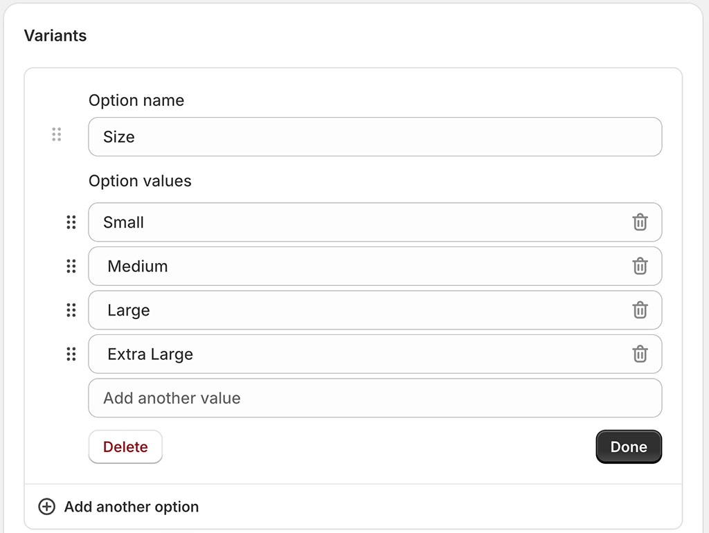 Setting up product options in Shopify