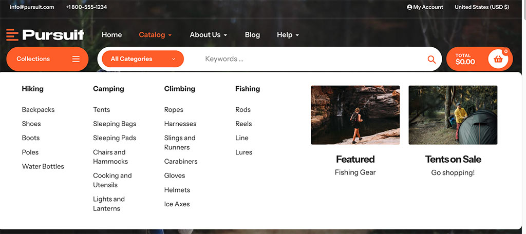 Shopify's 'Pursuit' theme featuring a multi-level menu