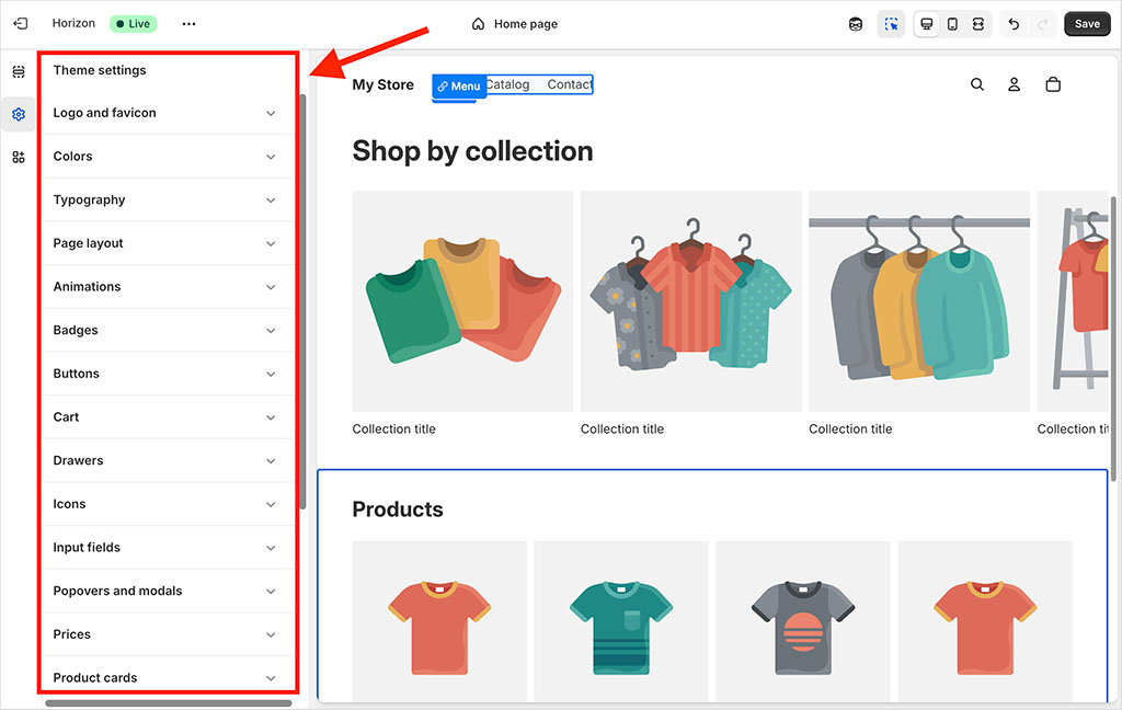 Design settings in Shopify's theme editor interface.