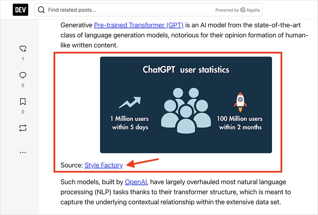 An example of a Style Factory statistics post being linked to by a third-party website
