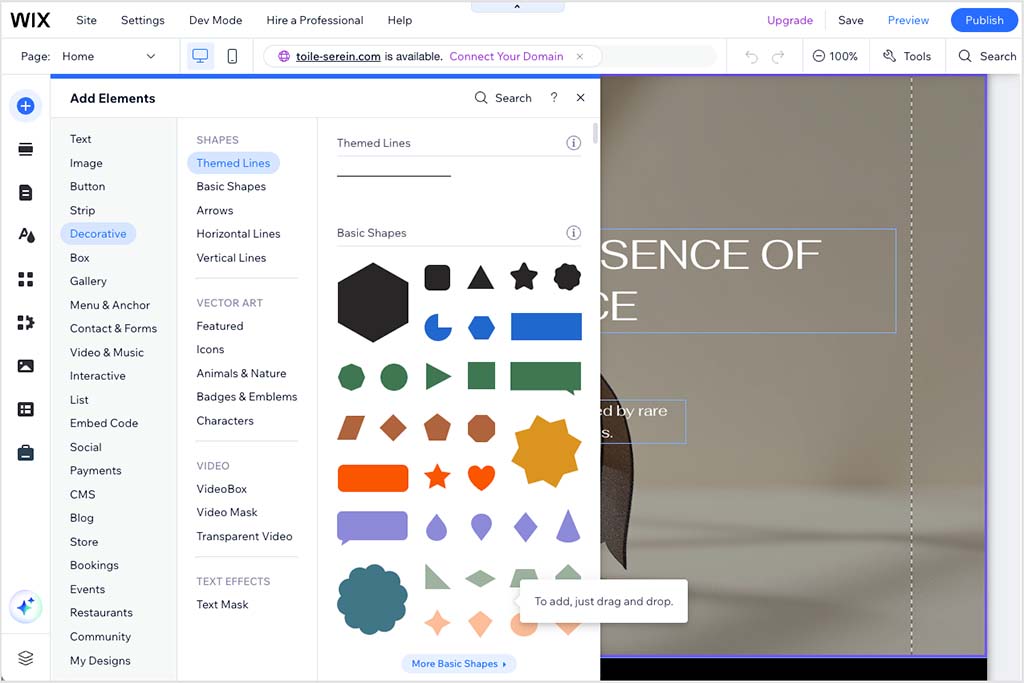 The Wix editor interface