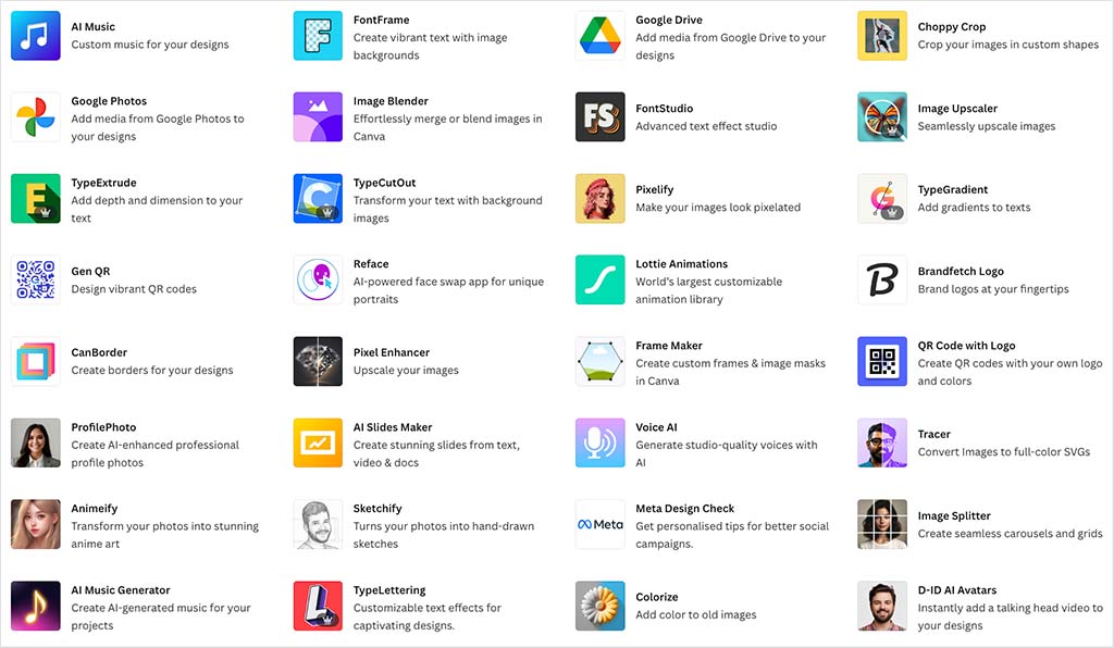 Some of the apps available in Canva's apps marketplace
