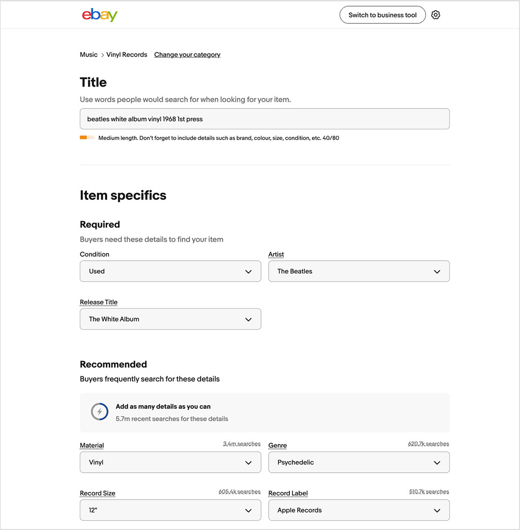 The listing tool in eBay.