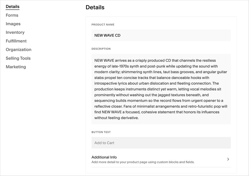 Filling out product details on a Squarespace site