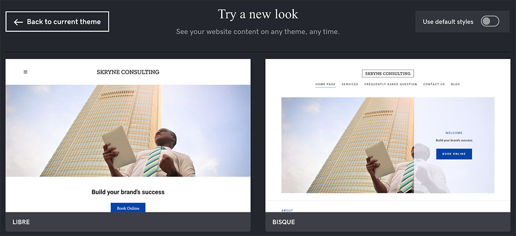 Experimenting with theme styles in GoDaddy