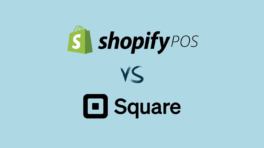 'Shopify POS vs Square' — the Shopify POS and Square logos on a light blue background.