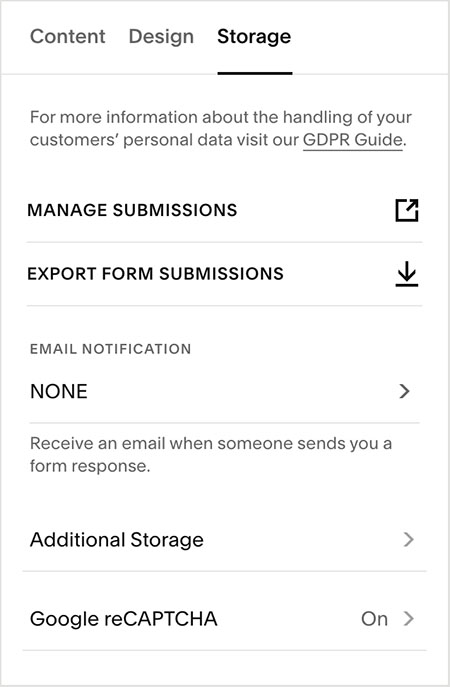 Configuring form storage options in Squarespace
