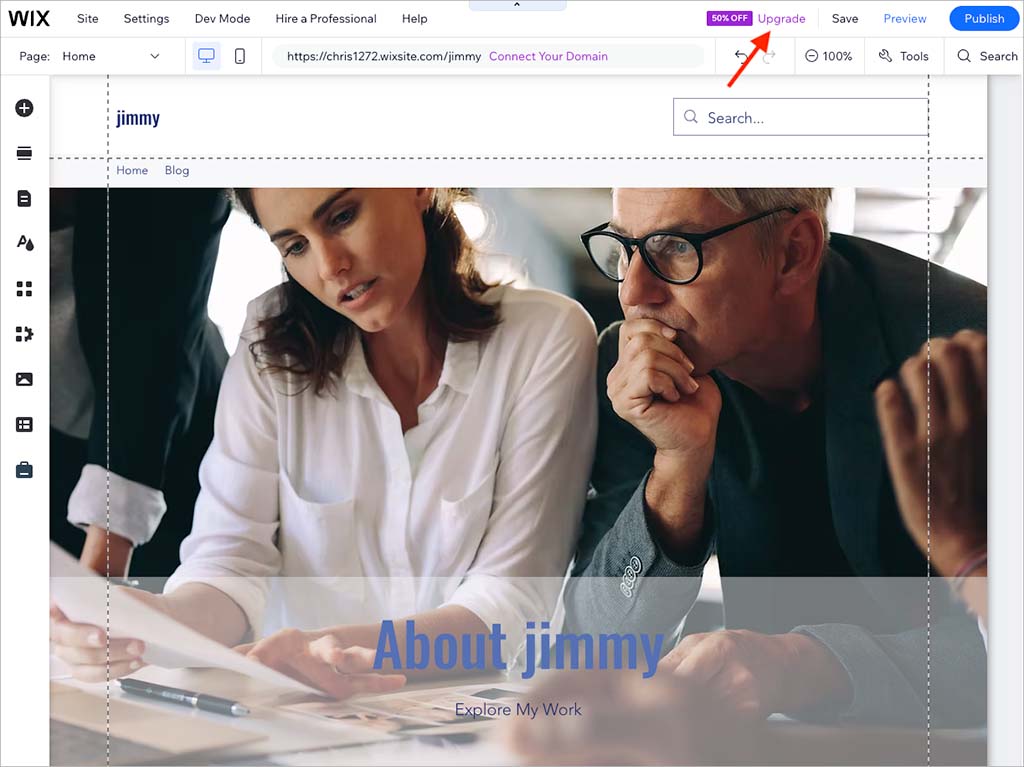 Accessing the upgrade option in Wix