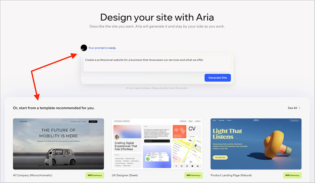 Choosing between using Wix's AI builder or a template