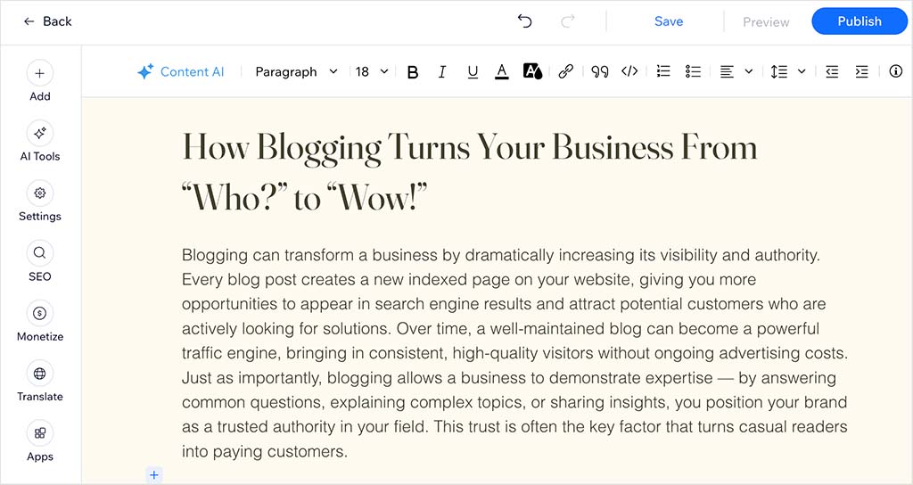 Creating a blog post in Wix