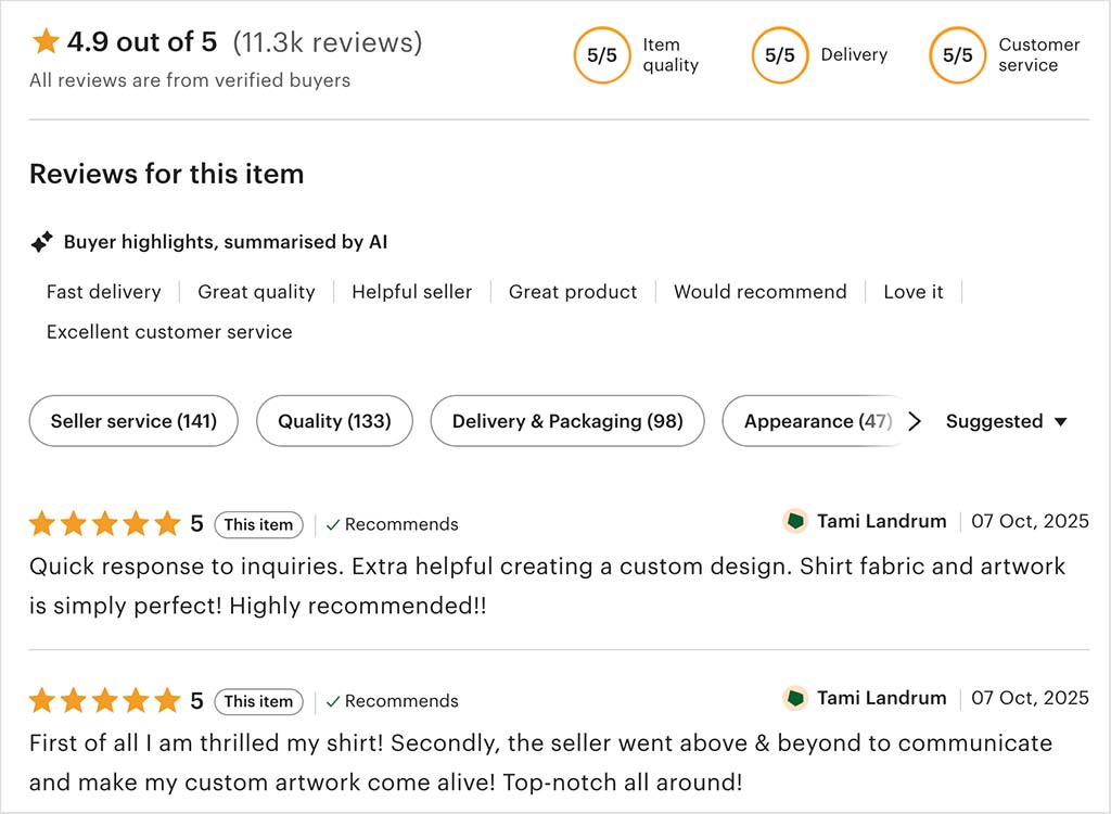 Product reviews in Etsy
