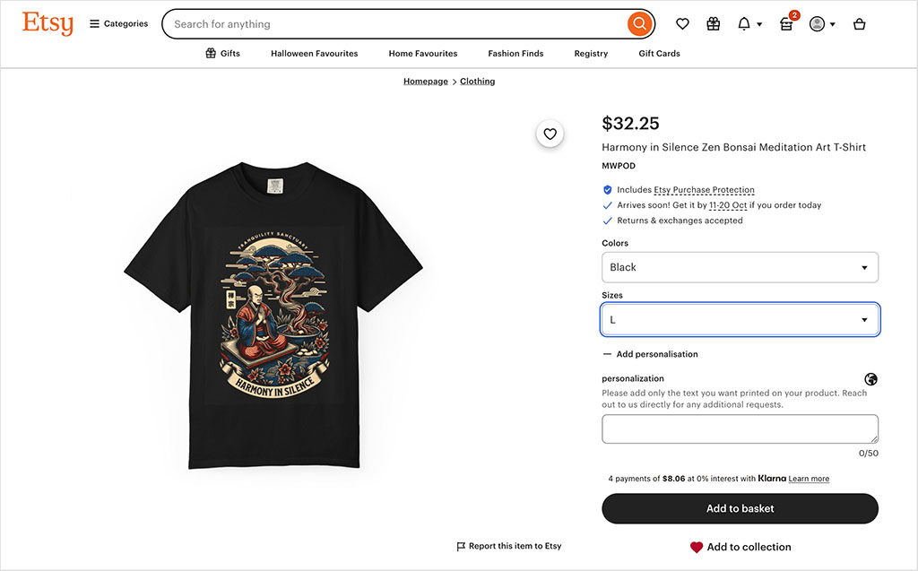 Live Etsy product listing