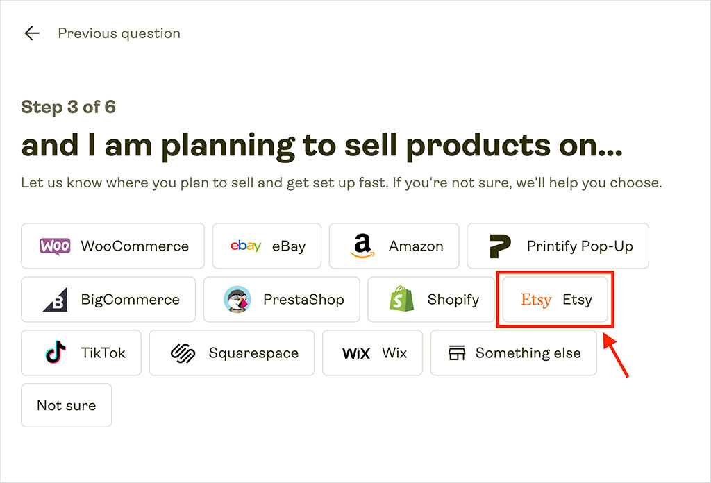 Selecting Etsy during the Printify onboarding process
