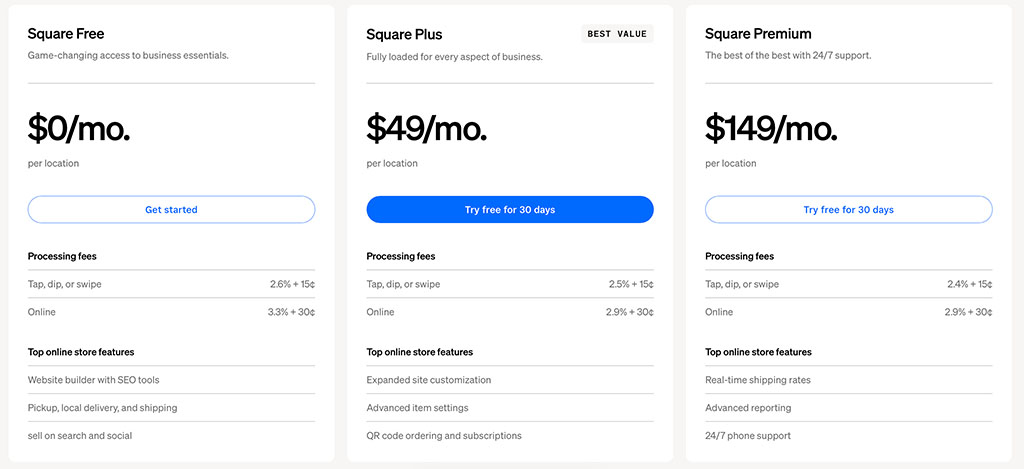 Square pricing plans