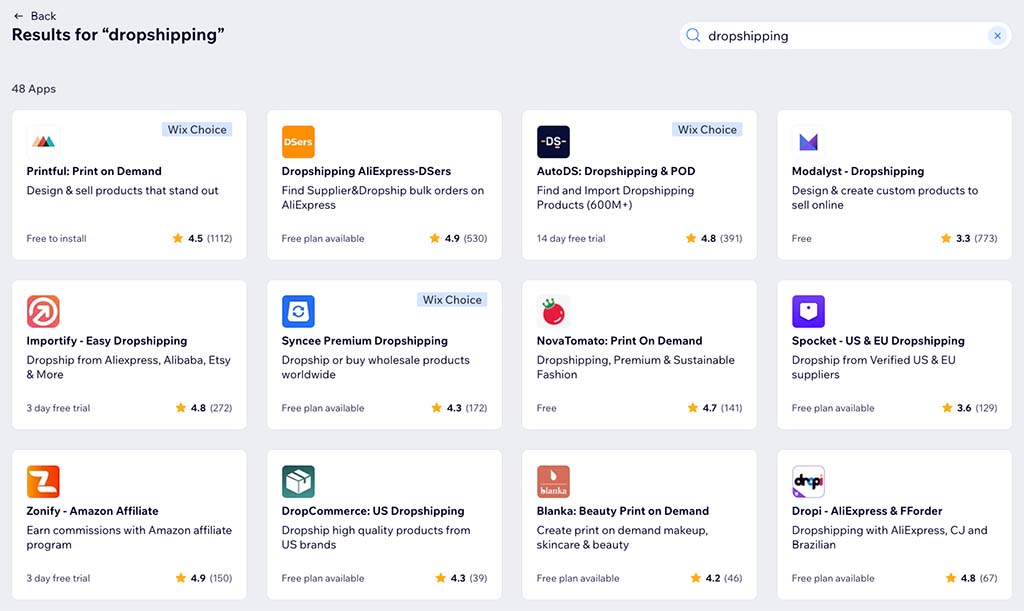 A selection of dropshipping apps available from Wix's App Market.