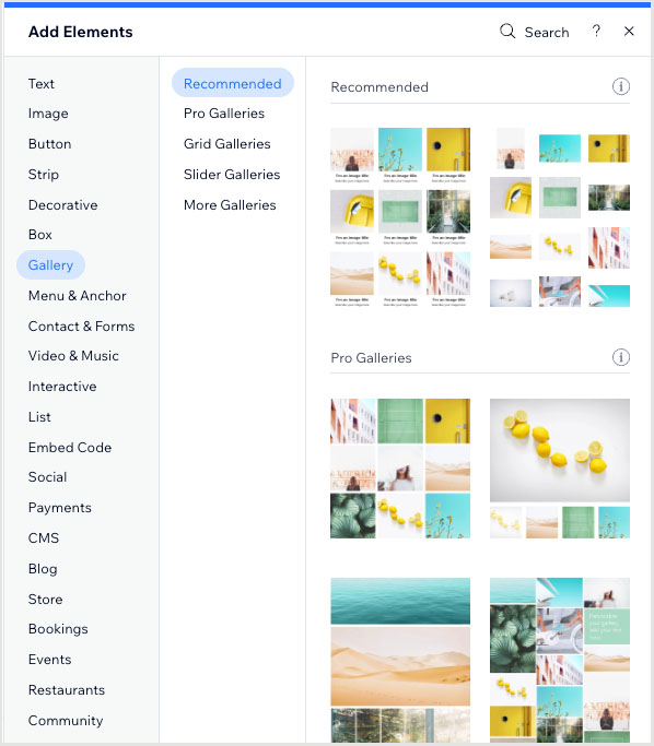 Choosing a gallery style in Wix