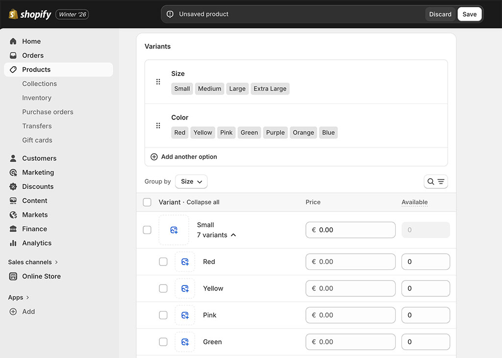Working with product variants in Shopify