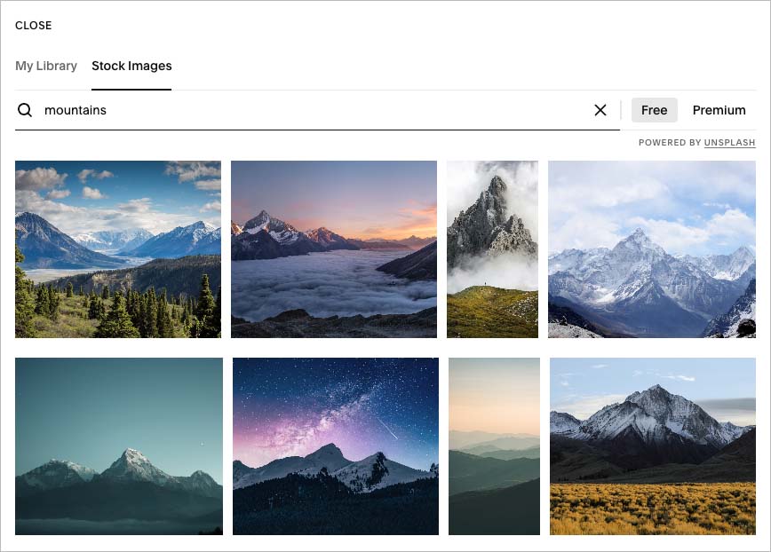 Browsing free stock images in Squarespace.