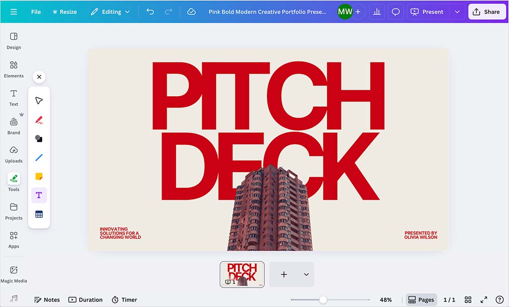 The Canva drag and drop editor