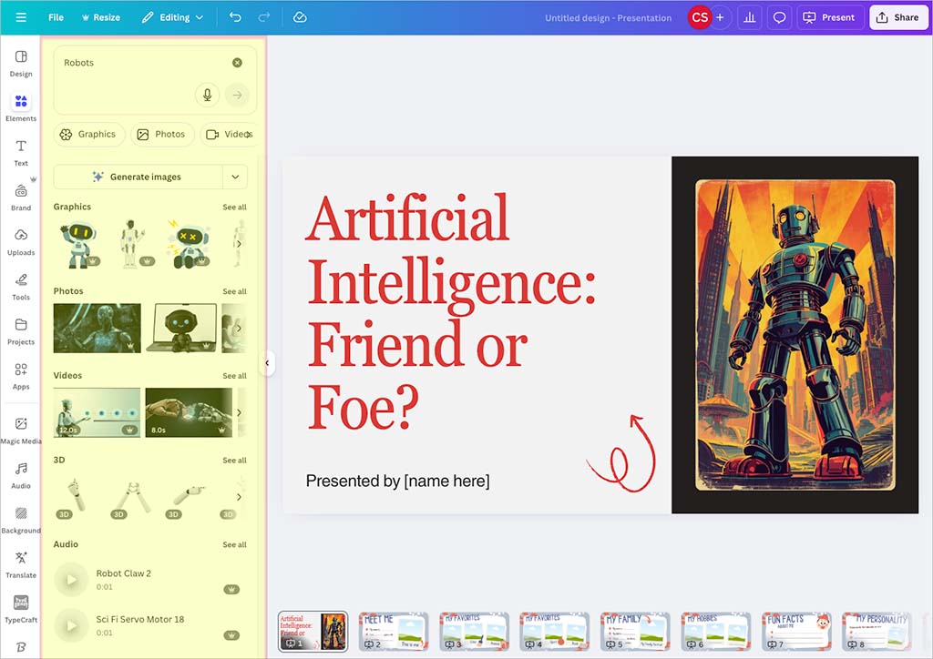 Adding design elements to a Canva presentation.