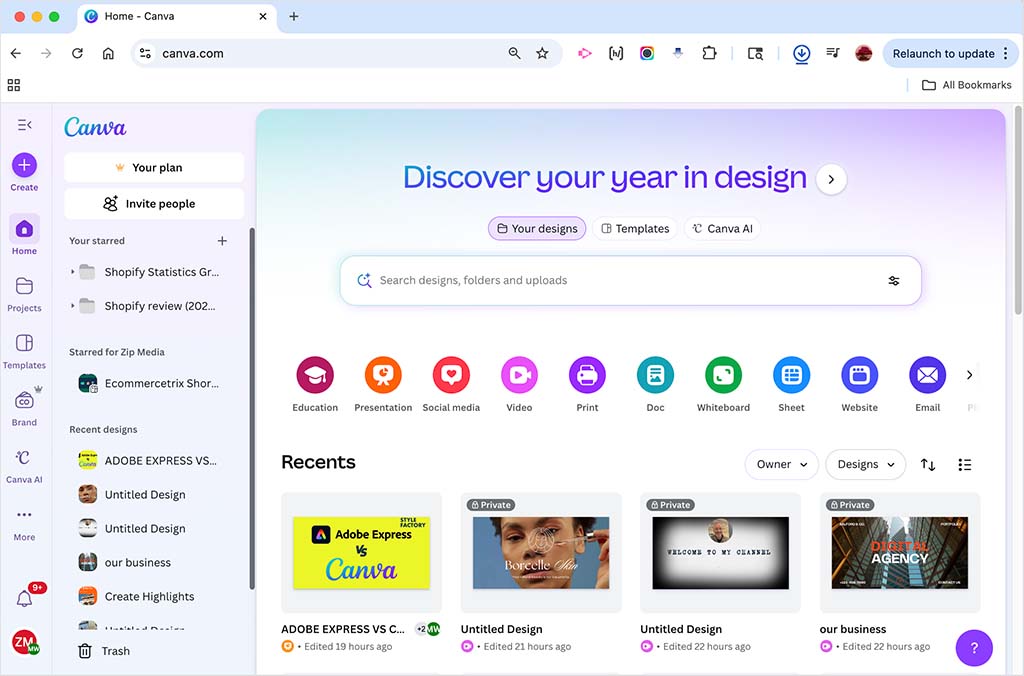 The Canva dashboard