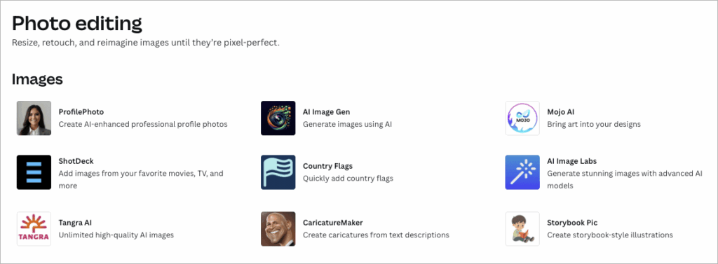 Examples of image enhancement apps for Canva