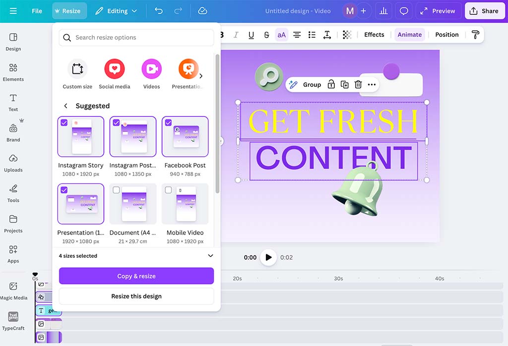 Using Canva's "Resize" tool