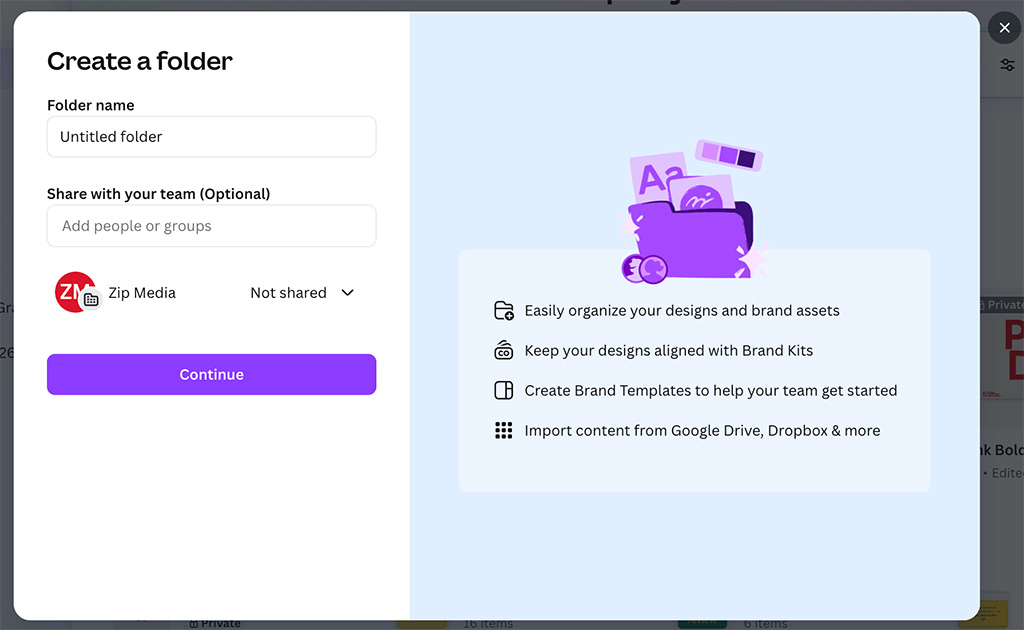 Creating folders in Canva.