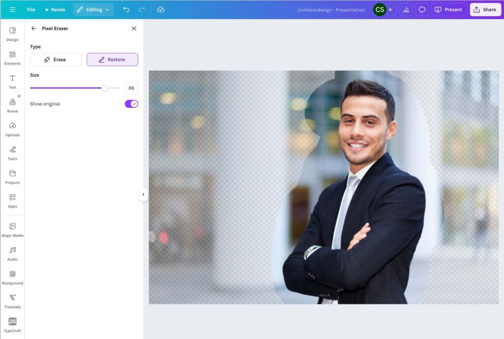 Restoring a background in Canva — something that's not possible to do in Adobe Express