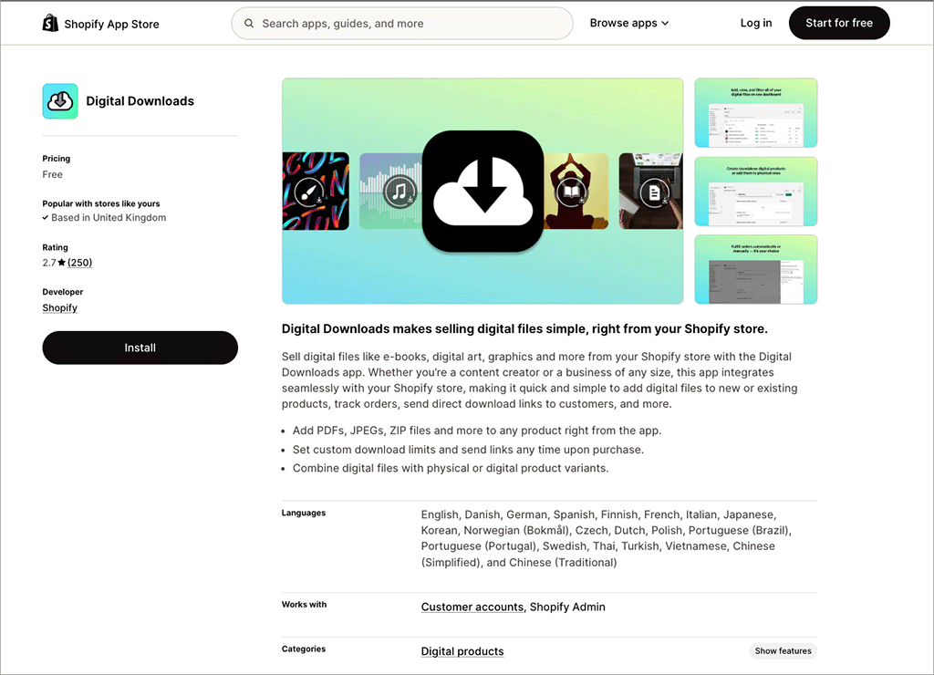 The Shopify 'Digital downloads' app