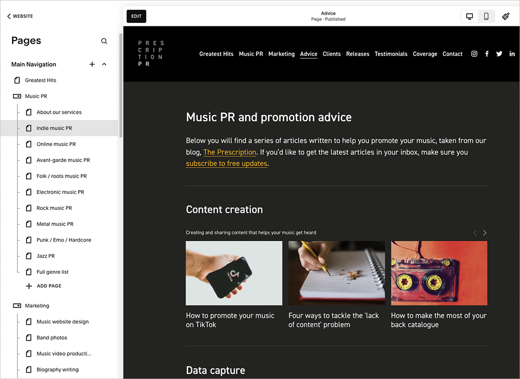 The Squarespace interface